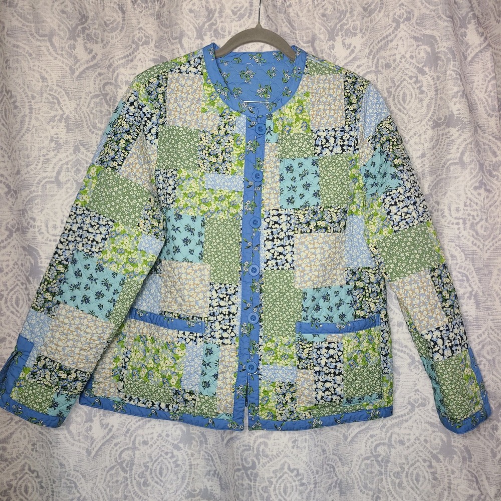 Appleseeds Womens Reversible Quilted Jacket Blue Floral Patchwork Size MP Pocket